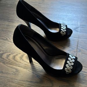 Calvin Klein Caleigh black suede platform peep toe pump with metal accent